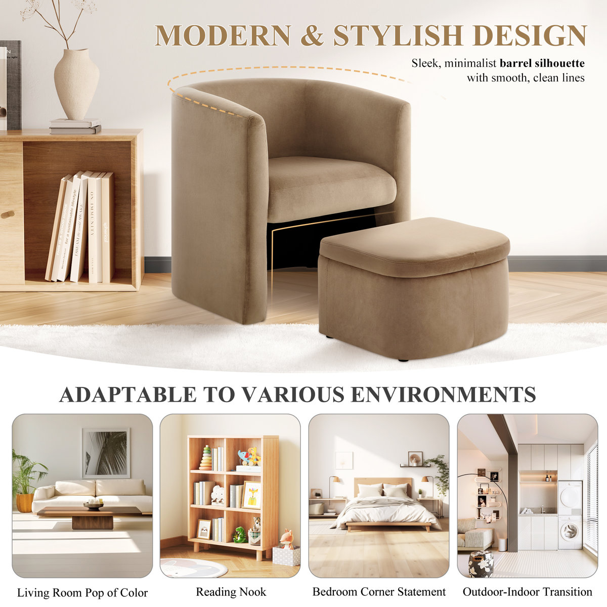 Kyah Upholstered Barrel Chair with Ottoman (Set of 2)